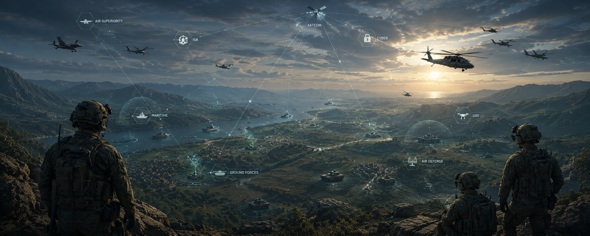 Networked field command landscape with aircraft, vehicles, and tactical links