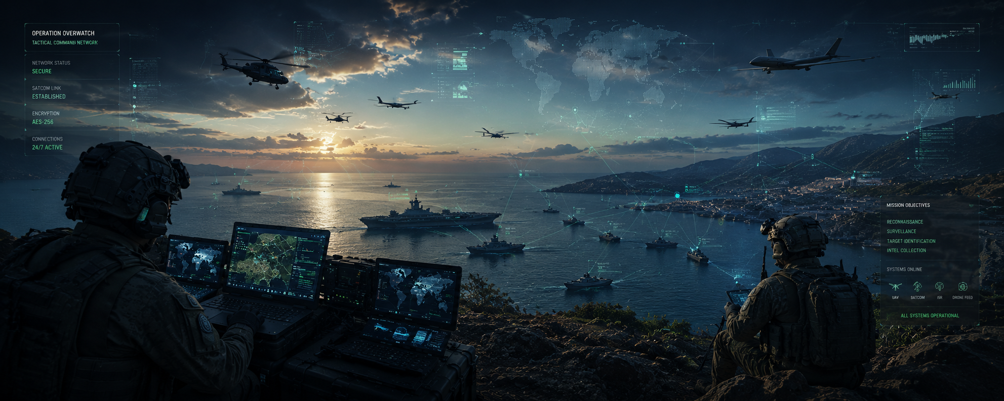 Overwatch communications landscape with operators, aircraft, maritime units, and secure network overlays